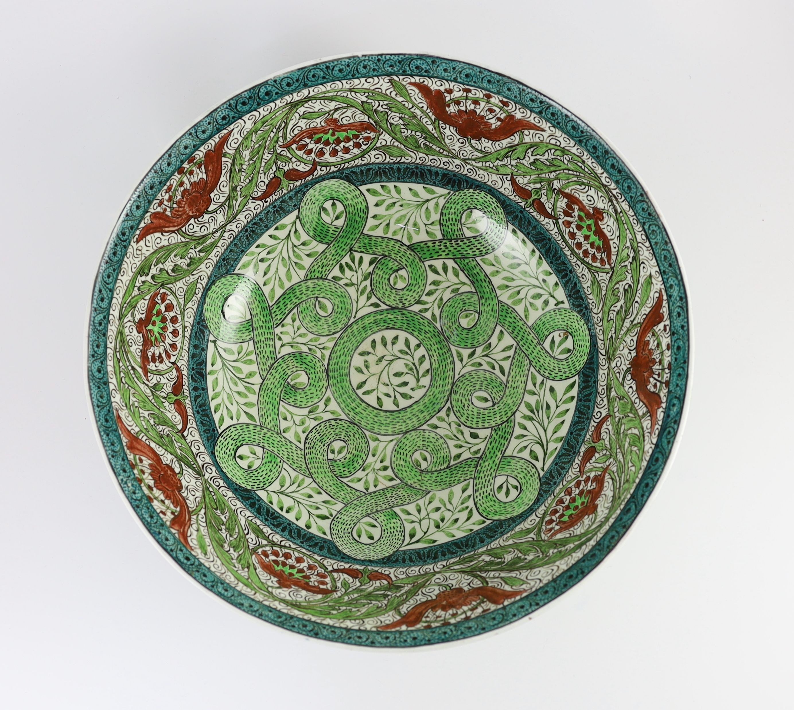 An unusual Arts & Crafts experimental pottery bowl, dated 1914, in de Morgan style, by Torquato Castellani (1843-1931), 37cm diameter